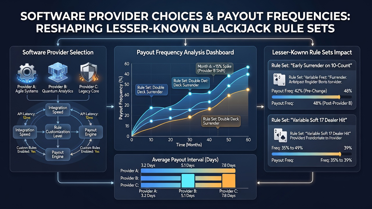 Software interfaces displaying payout tables for niche blackjack variants with different rule configurations