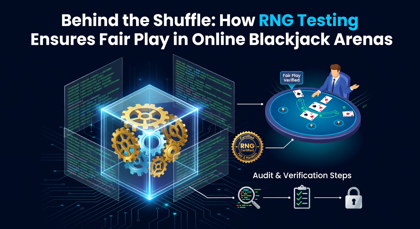 Digital visualization of a virtual deck shuffle in online blackjack, with RNG algorithms glowing beneath the cards