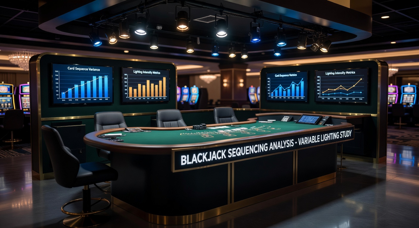 Casino pit layout showing adjustable LED lighting over blackjack tables with dealers managing card sequences