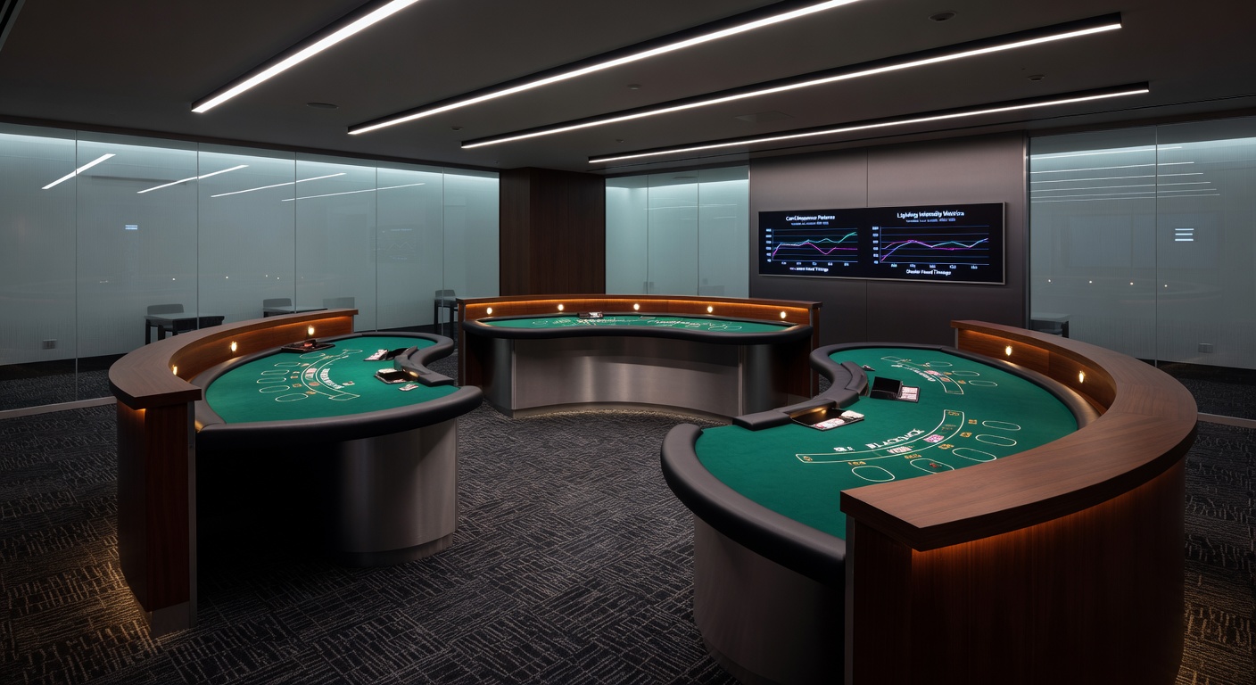 Close-up of blackjack table under mixed lighting with cards being dealt and surveillance camera views