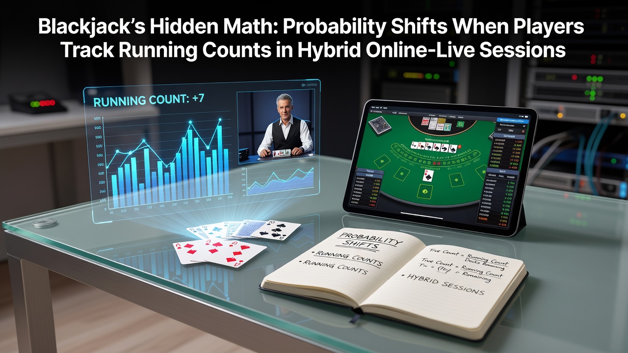 Diagram showing running count tracking in a hybrid blackjack session with online and live elements