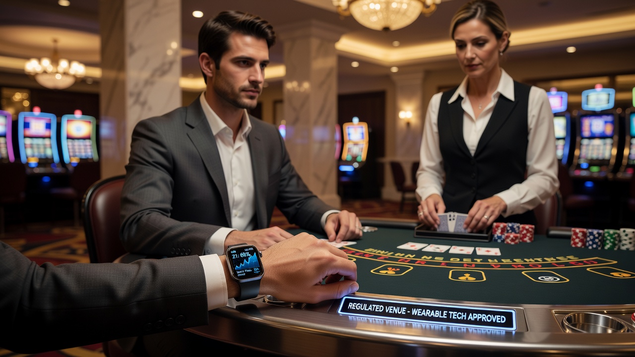 Wearable device displaying real-time blackjack probability data at a casino table