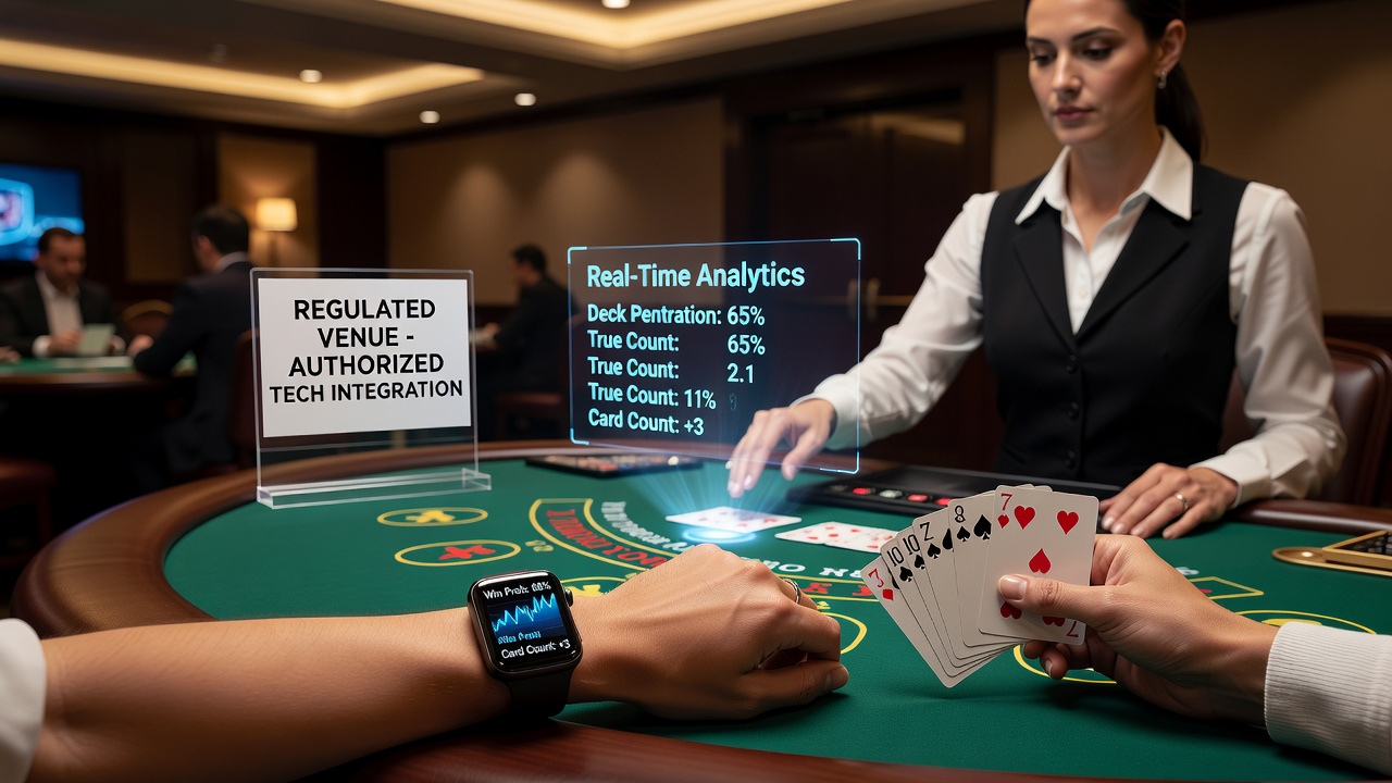 Casino floor view showing discreet wearable integration during live blackjack play