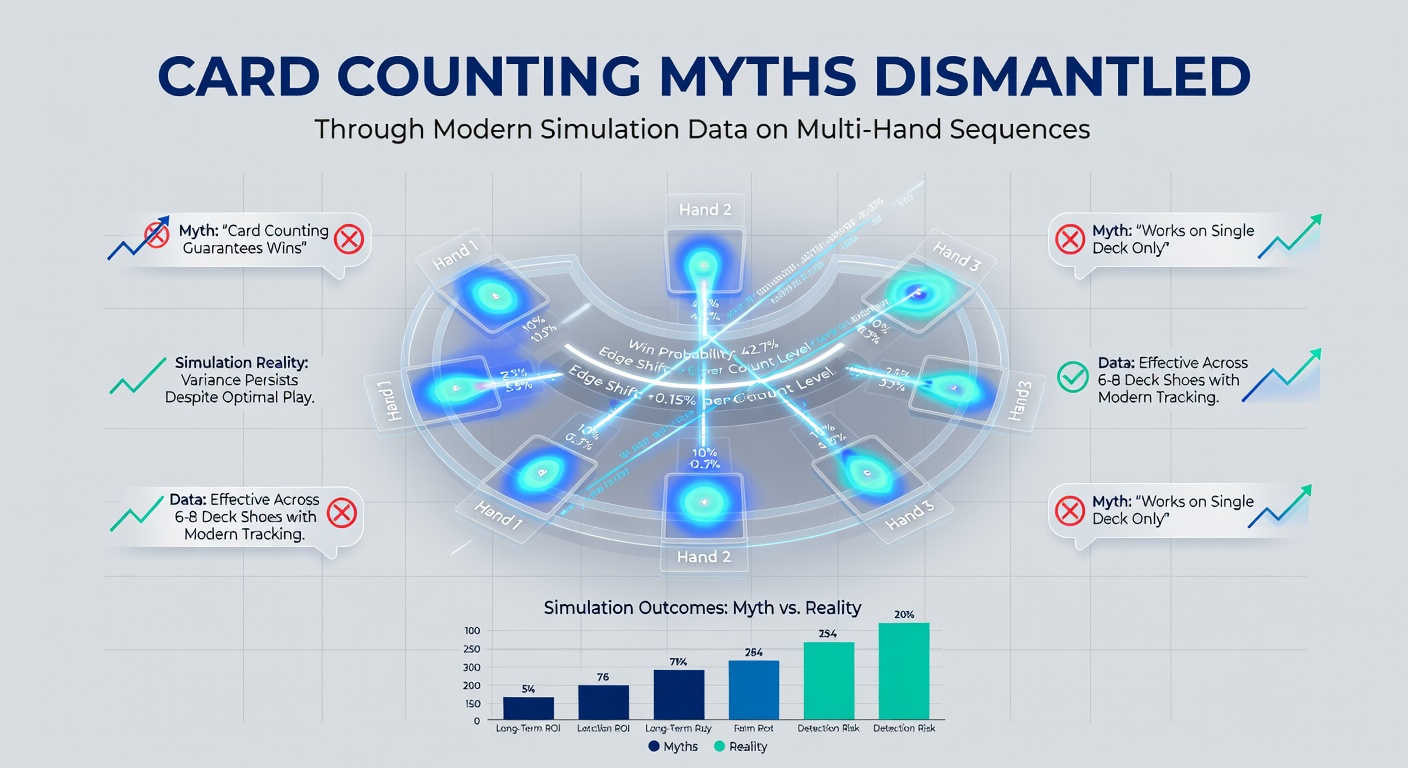Simulation graphs displaying card counting outcomes across multiple blackjack hands in sequence
