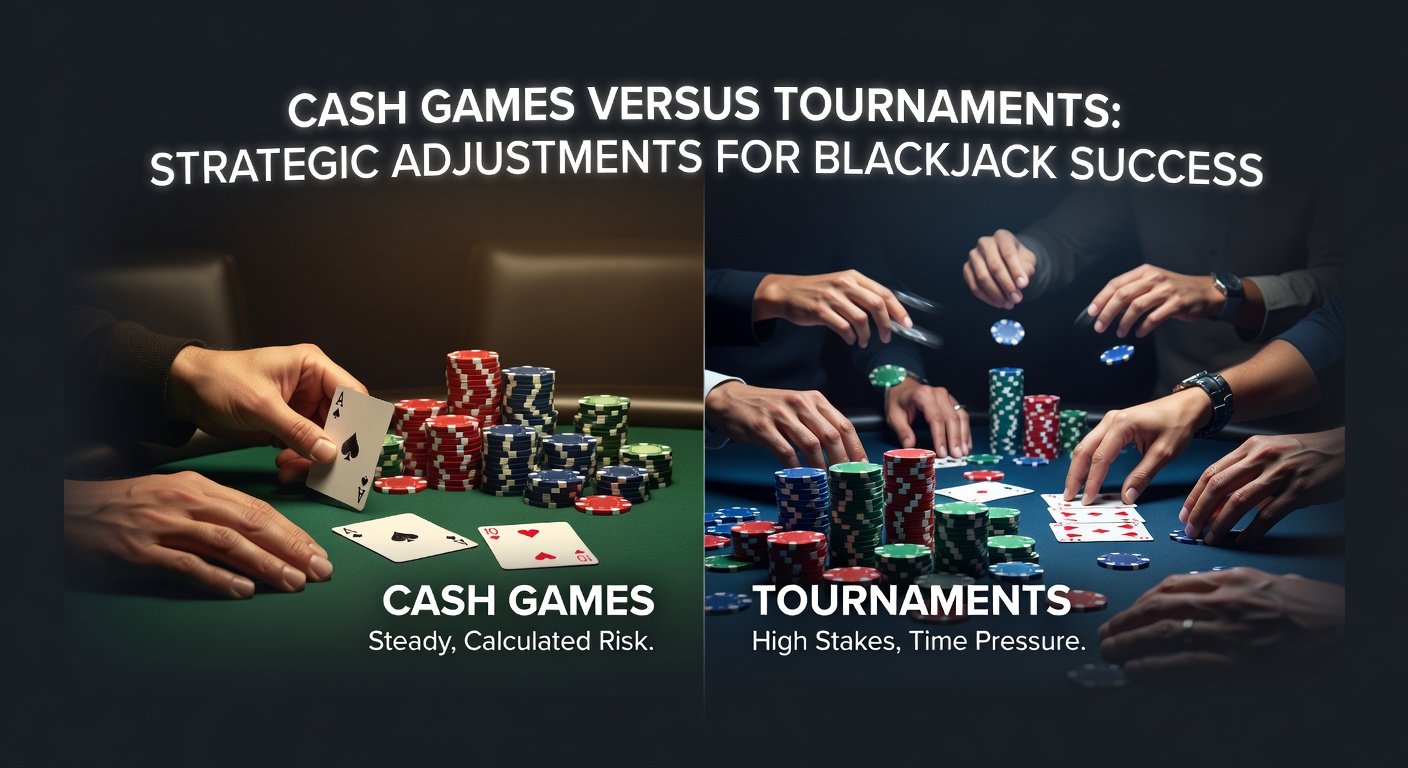 Players at a blackjack cash game table comparing stacks with tournament competitors in the background