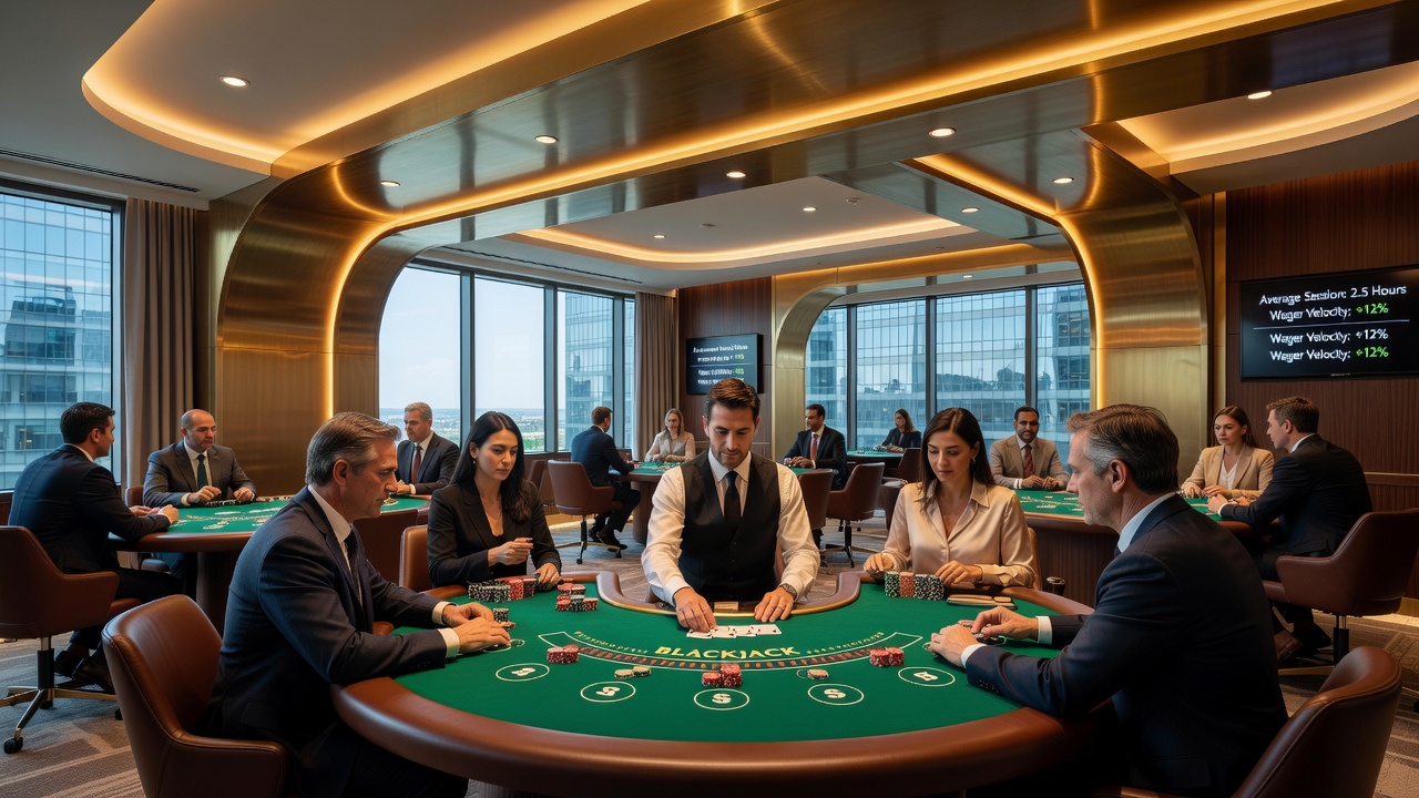 Casino floor layout showing blackjack tables positioned near pathways and ambient lighting effects