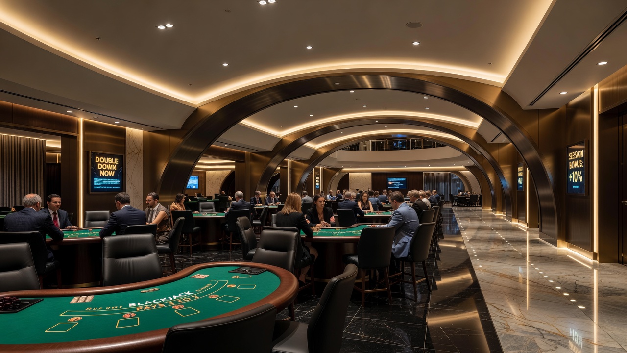 Interior view of blackjack pit with strategic lighting, sound panels and table positioning relative to casino pathways