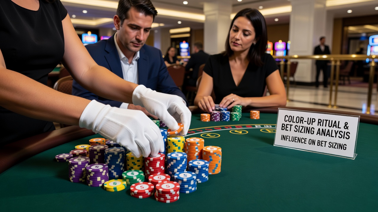 Blackjack dealer performing a color-up chip exchange at a busy casino table