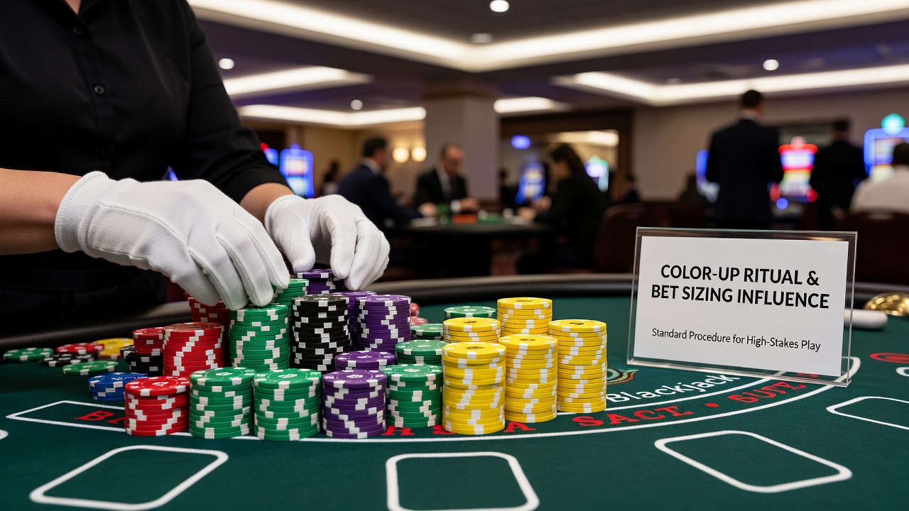 Close-up view of color-up chips being exchanged during a blackjack session