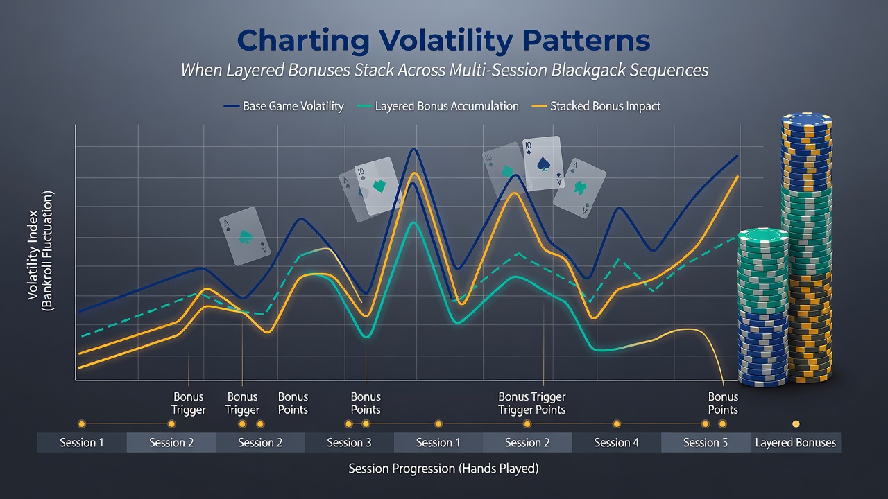 Mid-article visualization of blackjack session data showing stacked bonus effects on variance curves