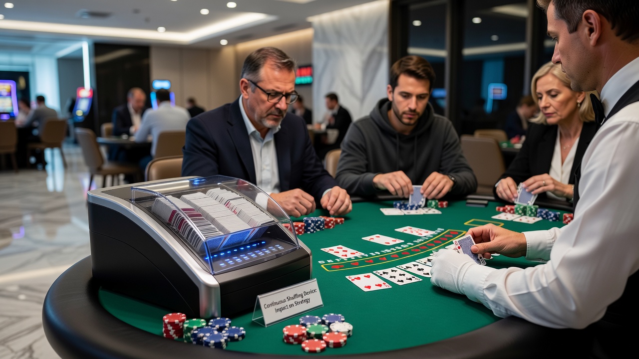 Close-up view of cards being fed into a continuous shuffling machine during live play