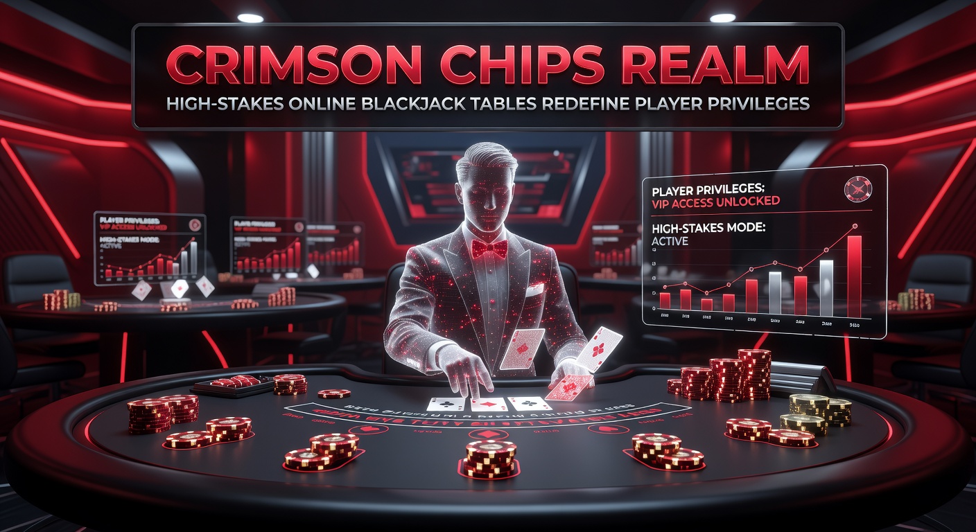 High-rollers at a Crimson Chips Realm online blackjack table, chips stacked high under crimson lighting