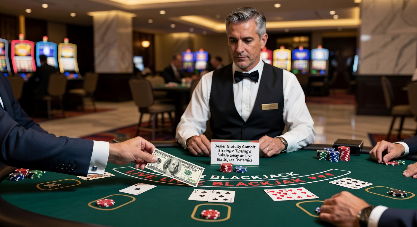A dealer at a live blackjack table smiling as a player places a chip tip, highlighting the subtle social exchange in casino play