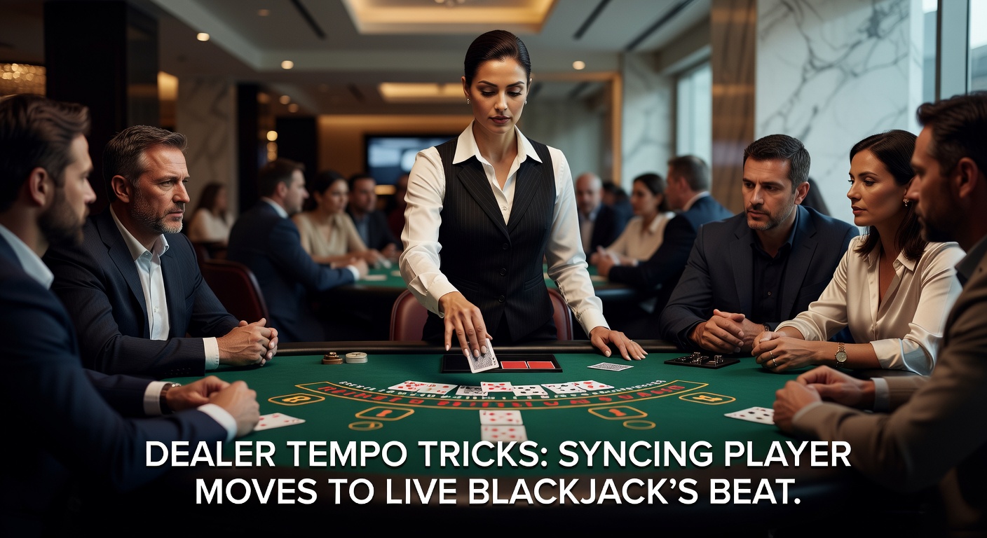 A live blackjack dealer dealing cards at a fast-paced table, with players intently watching the rhythm of the shoe
