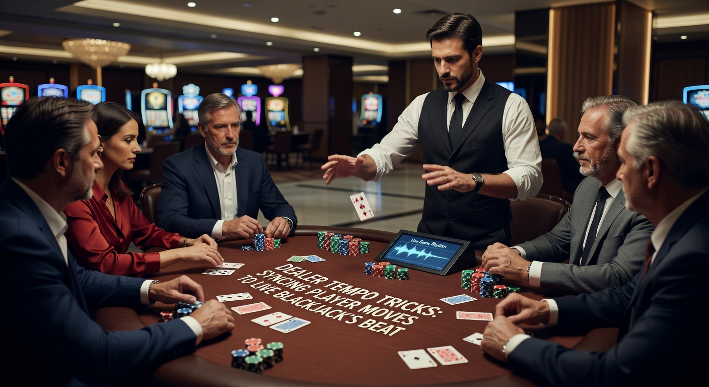 Players at a live online blackjack table syncing hand signals with the dealer's precise movements, screens showing timed card deals