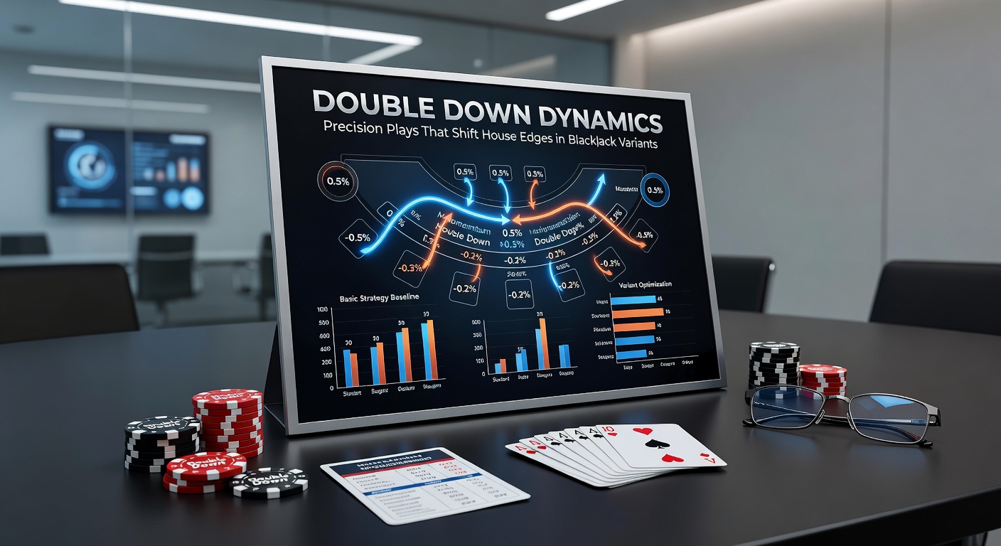 Close-up of a digital blackjack interface displaying double down options in a variant game, highlighting adjusted house edge percentages