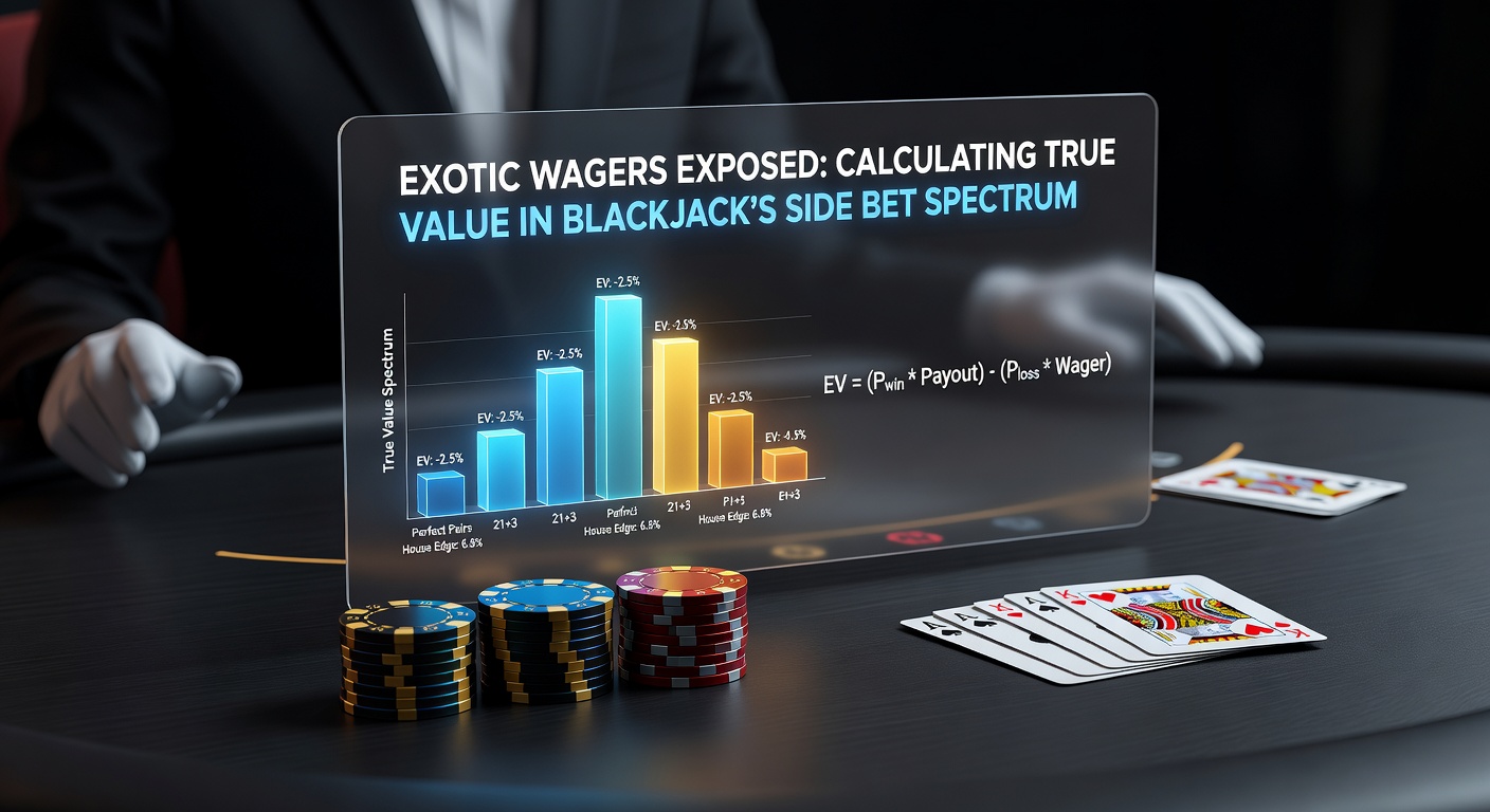 Vibrant casino table showing various blackjack side bet options glowing under neon lights, with chips stacked near exotic wager zones