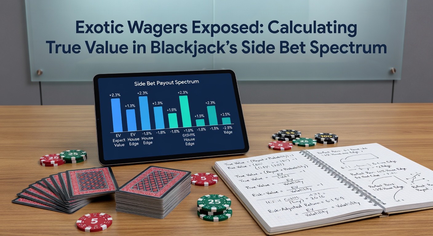 Close-up of blackjack strategy chart overlaid with probability graphs and payout tables for side bets, calculator icons highlighting EV computations