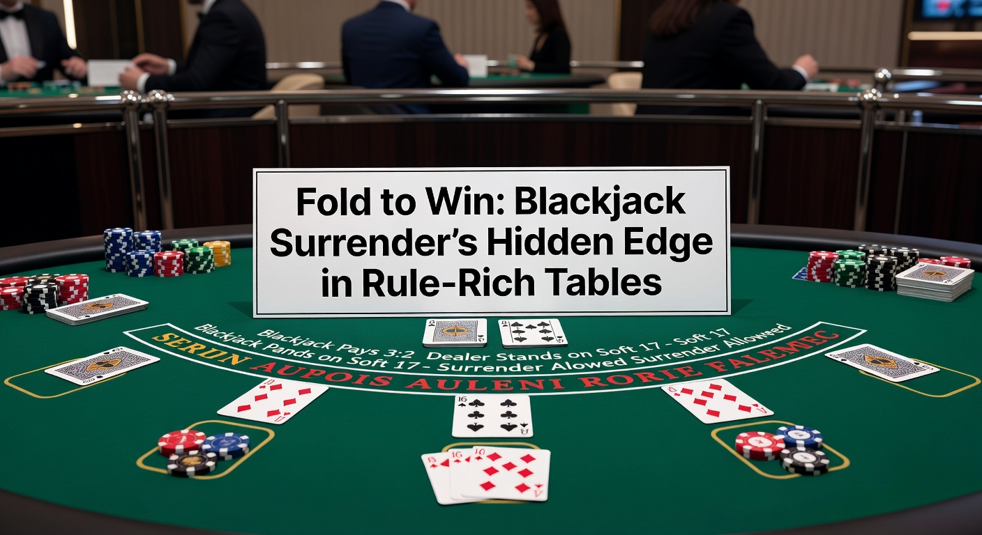 Close-up of a blackjack table showing surrender bet marker amid stacks of chips and player cards