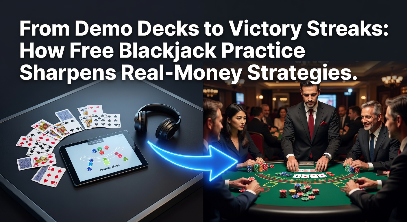 A player practicing blackjack strategy on a free demo table, screen showing cards and chips with no real stakes involved