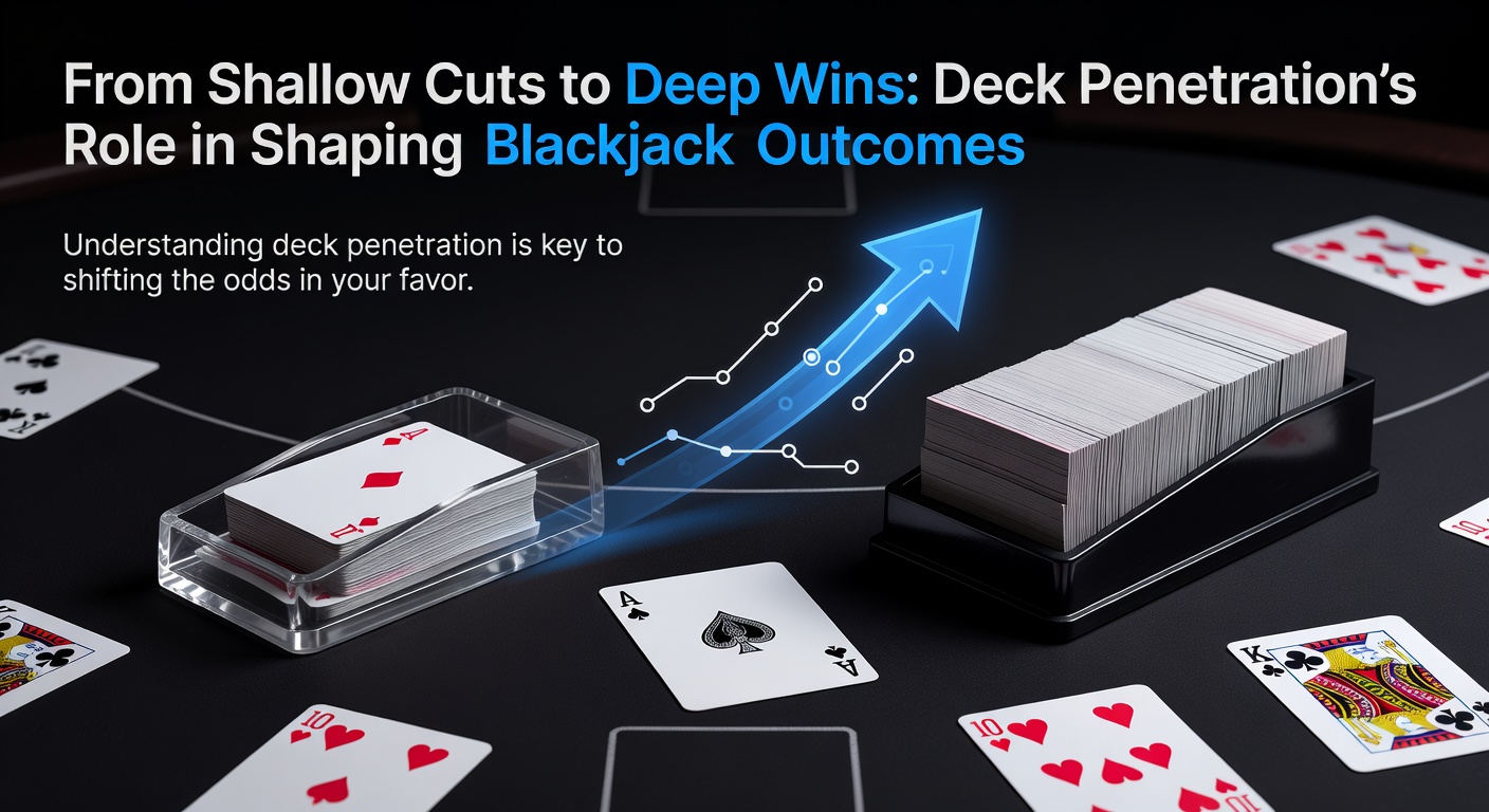 Close-up of a blackjack shoe with cards being dealt deeply, illustrating deck penetration depth