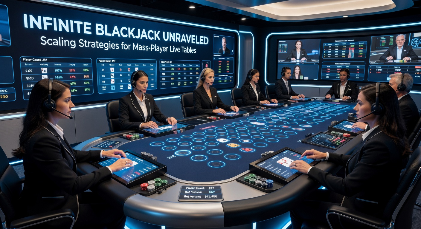 Vibrant live Infinite Blackjack table showing unlimited betting spots filled with player wagers during a high-stakes round