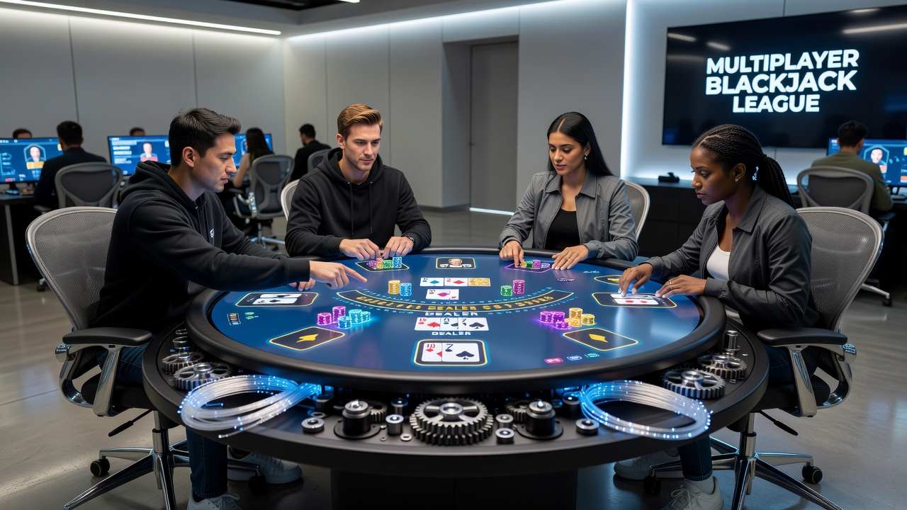 Multiplayer blackjack table in action with players seated around a live dealer setup