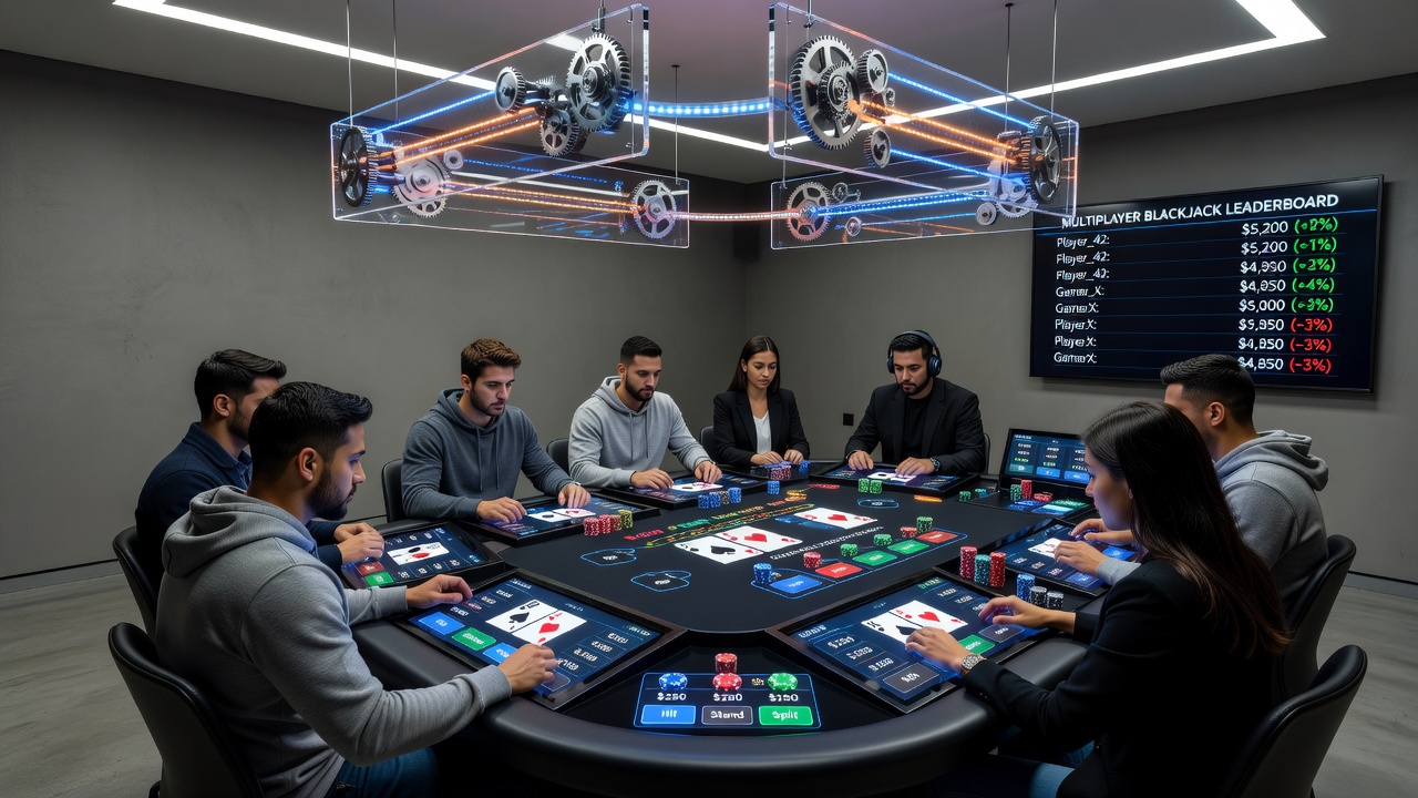 Competitive gamers engaged at a digital multiplayer blackjack interface during peak hours