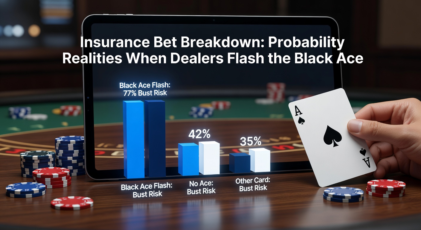 Close-up of a blackjack table showing a dealer's upcard Ace and a player's insurance bet chip in play, highlighting the tension of the moment