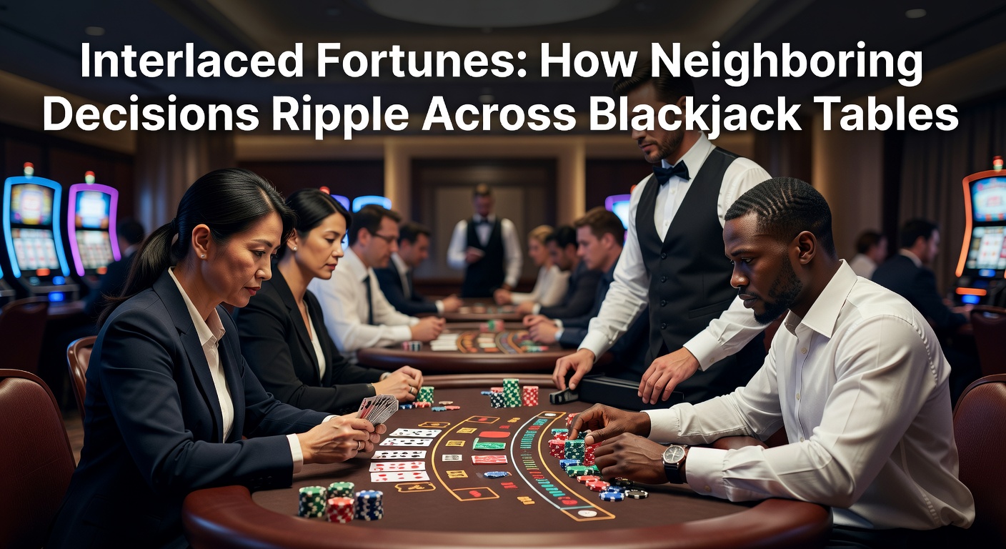 Blackjack tables arranged closely in a busy casino floor with players making decisions at adjacent positions