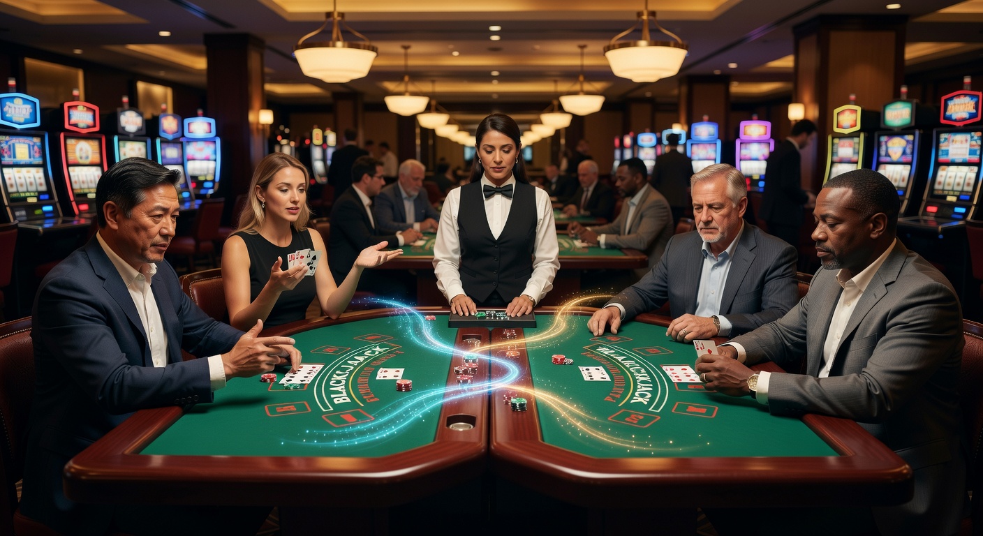 Close-up view of blackjack dealers rotating between adjacent tables in a casino pit