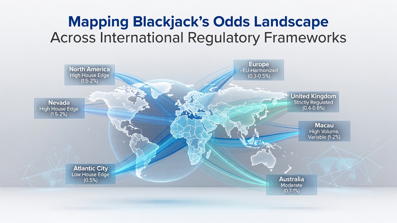 Global map illustrating blackjack odds variations under different international regulatory frameworks