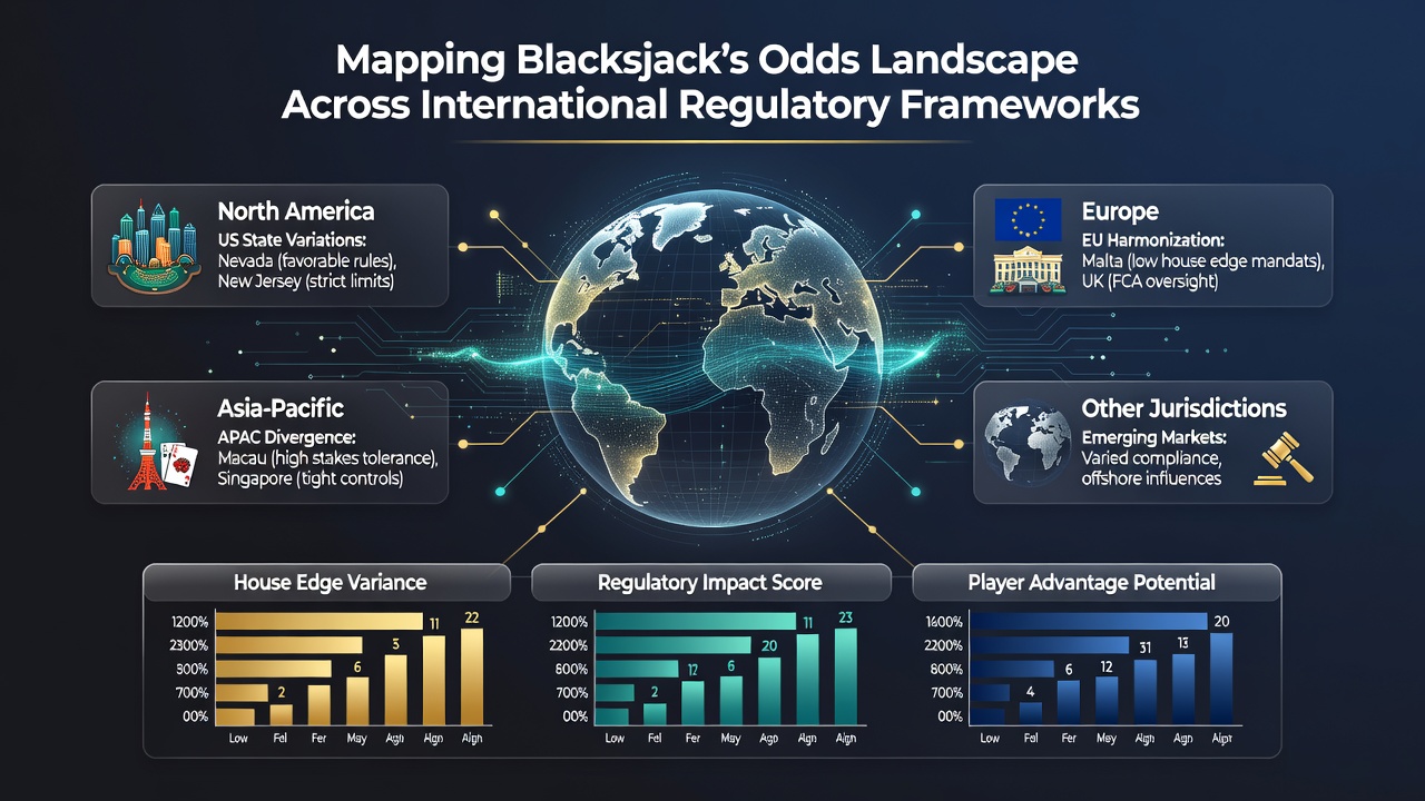 Detailed chart comparing blackjack house edges across major regulatory jurisdictions worldwide