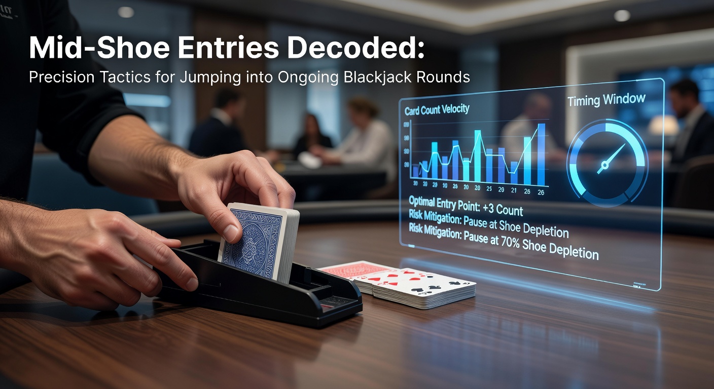 A blackjack table mid-game with a shoe partially depleted, players observing the action before entering