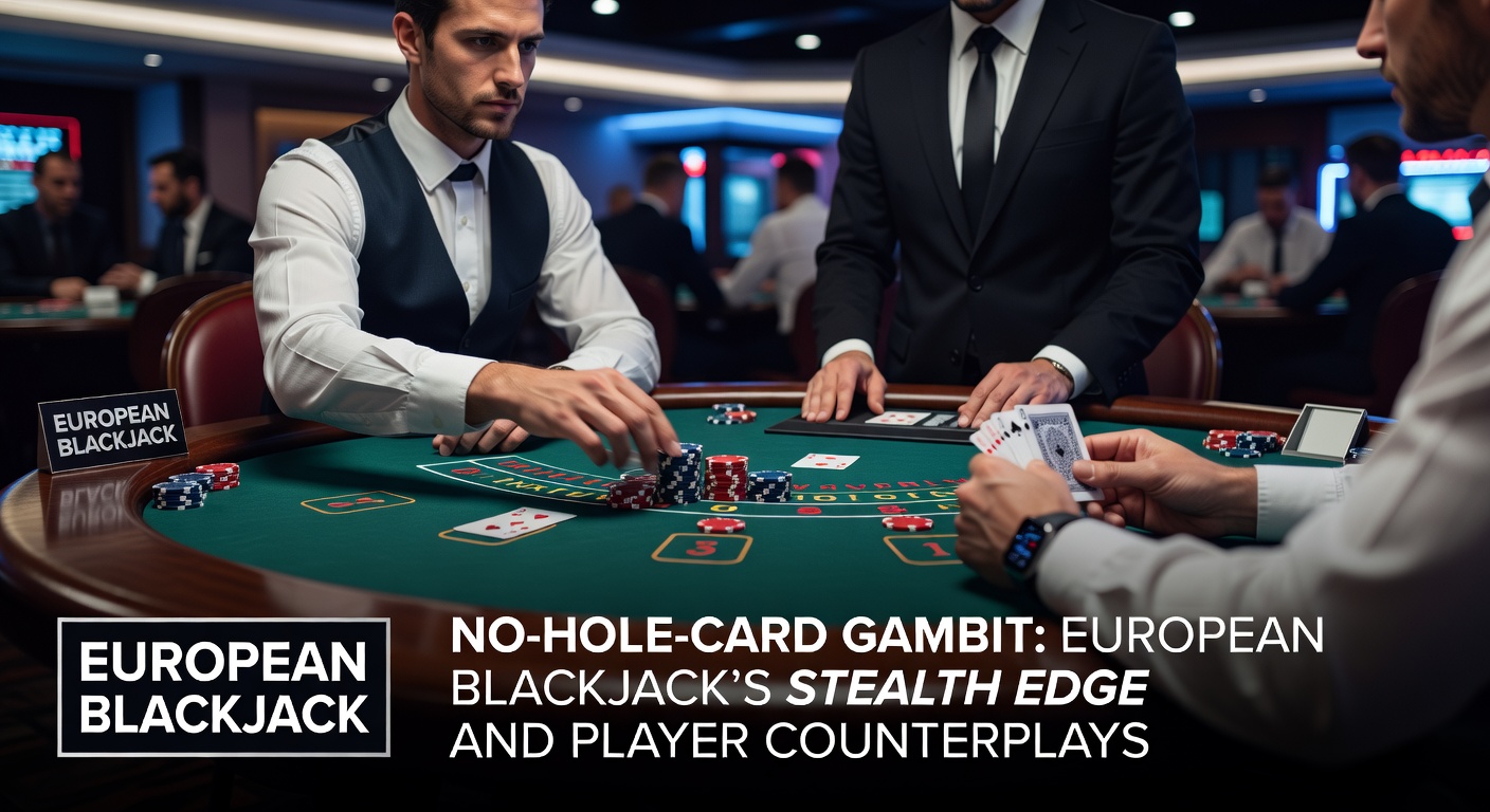 Close-up of a European blackjack table showing dealer upcard ace with no hole card visible, chips stacked high on player bets