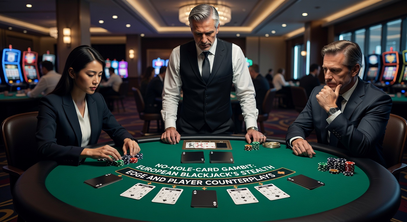 Strategy chart comparing European no-hole-card blackjack basic strategy deviations from American rules, highlighting red zones for reduced doubles on ace and ten upcards