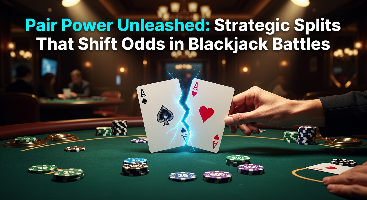 A blackjack table showing a player splitting a pair of eights against a dealer's six, with chips stacked neatly beside the hands