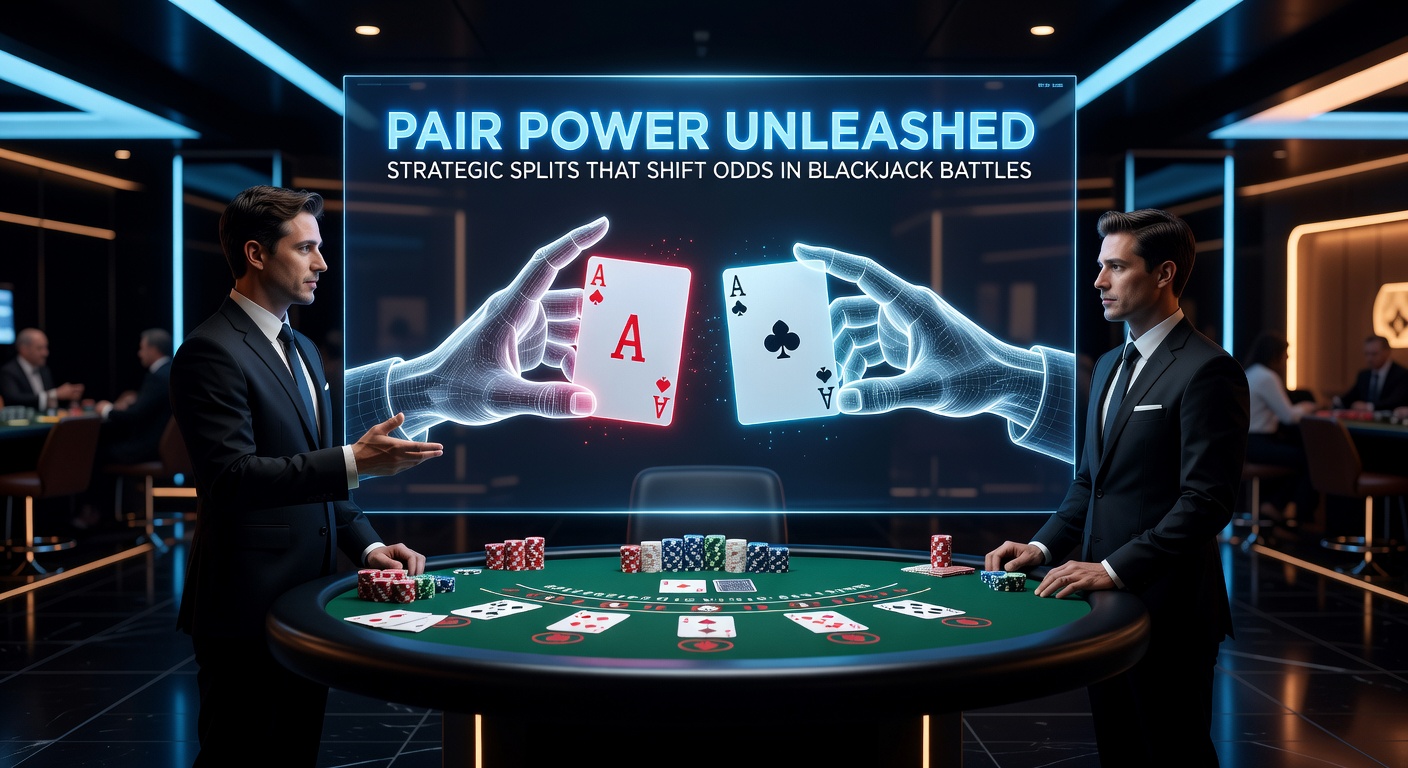 Close-up of split pairs on a digital blackjack interface, displaying two hands of aces with dealer showing a 6, alongside strategy chart overlay