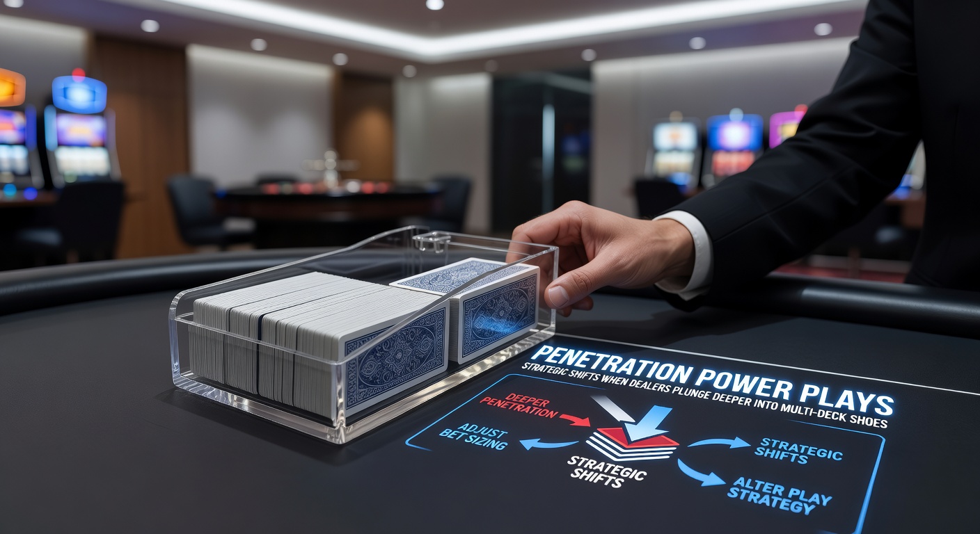 A dealer cutting into a multi-deck blackjack shoe, revealing deep penetration levels that shift player strategies