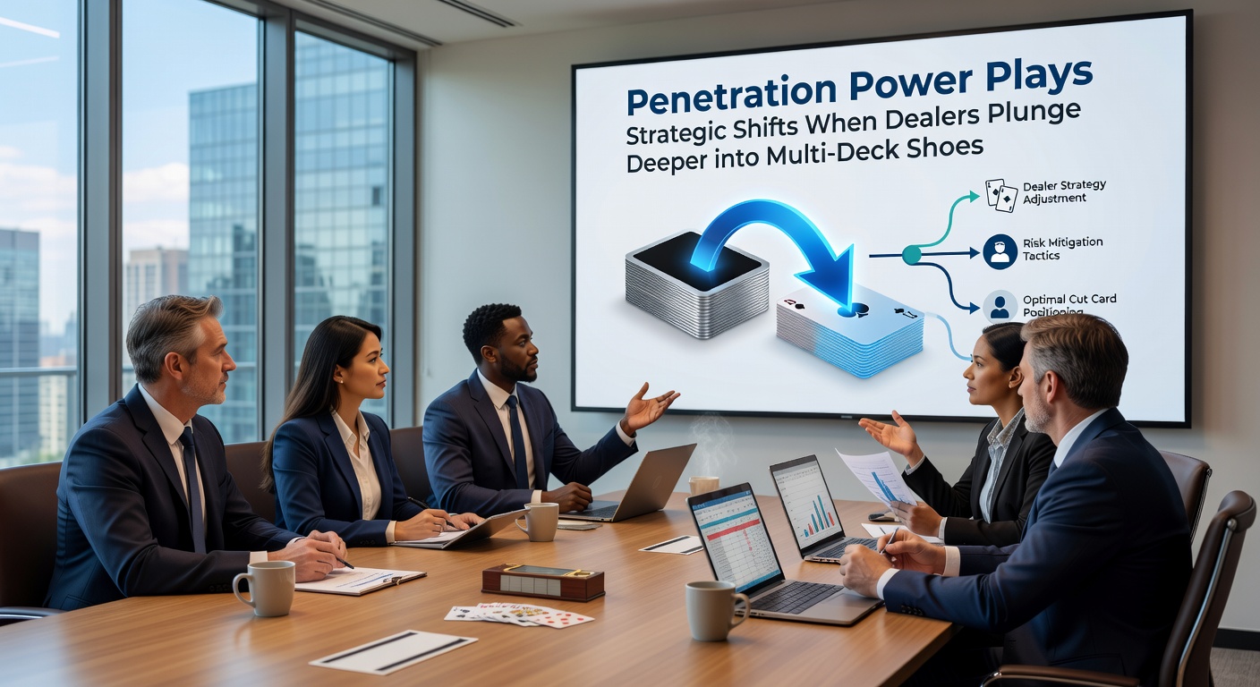 Close-up of a blackjack shoe with a deep cut card placement, illustrating strategic opportunities for players in multi-deck games