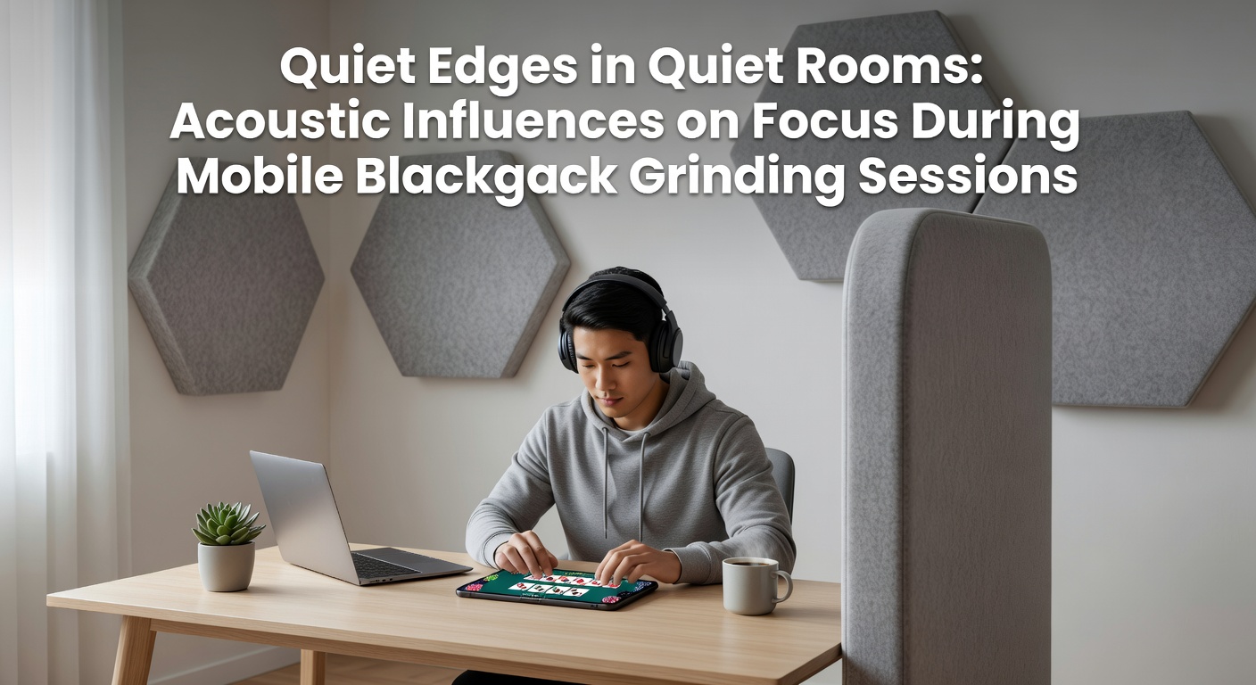 A serene home office setup with noise-cancelling headphones and a mobile device displaying a blackjack app, highlighting a quiet environment optimized for extended grinding sessions