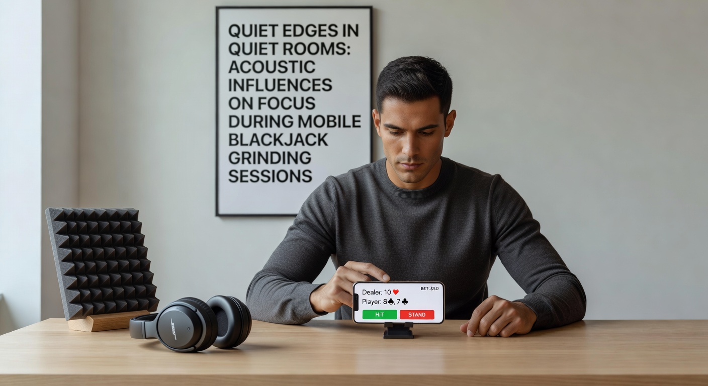 Close-up of acoustic foam panels on walls beside a tablet running a blackjack grinding session, with charts showing sound level reductions