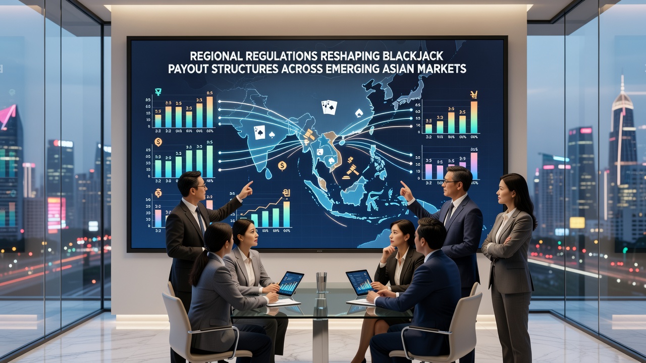 Regulatory documents and payout calculation charts spread across a meeting table in an Asian casino compliance office