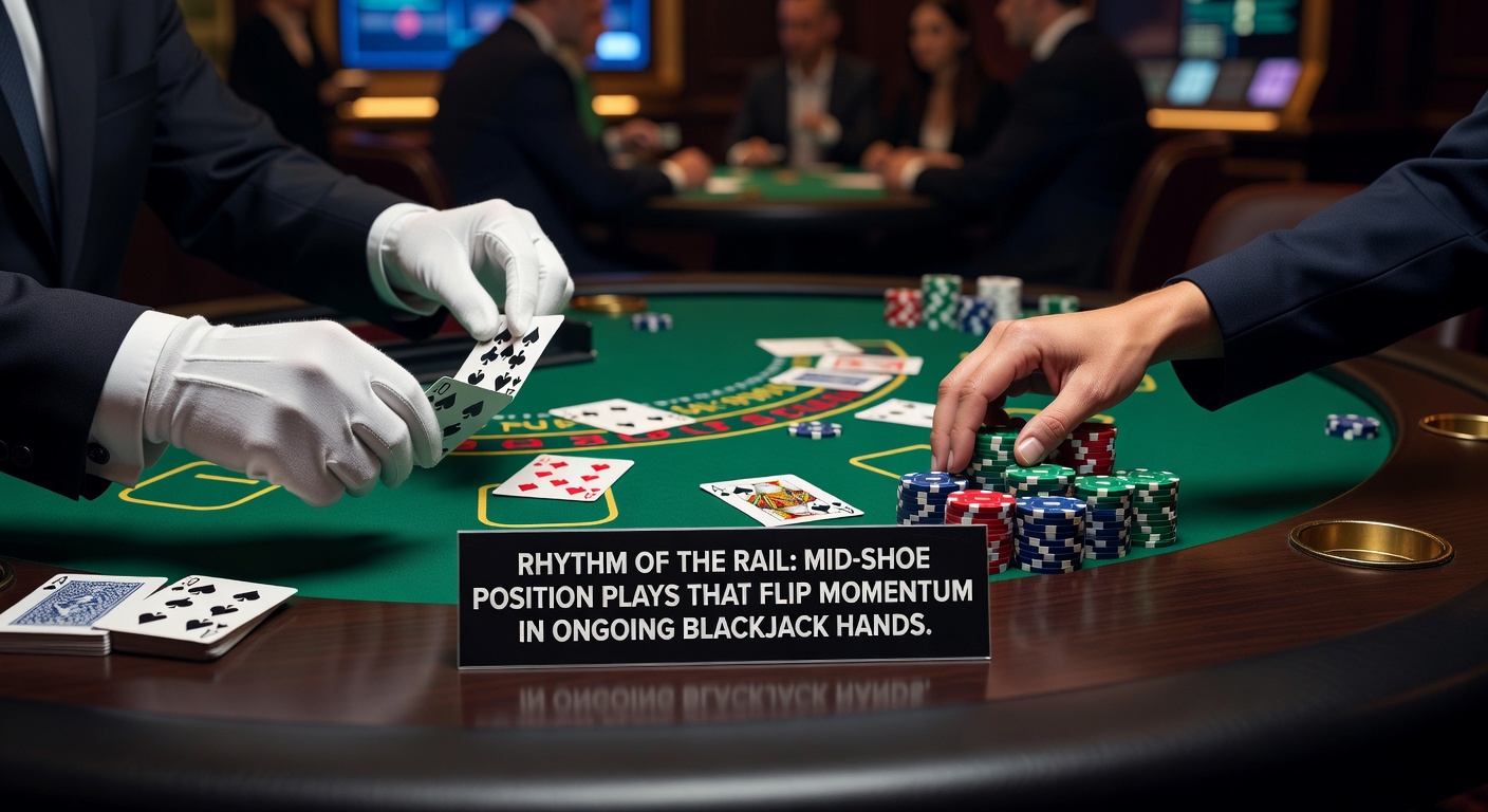 Close-up of a blackjack shoe midway through dealing, cards sliding out rhythmically toward players at various table positions