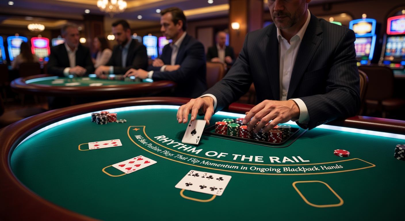 Players at a live blackjack table mid-shoe, with focus on third base executing a momentum-shifting double down as cards flow from the shoe