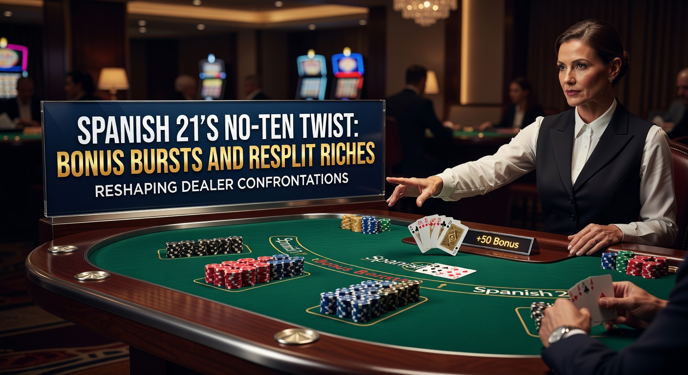 A vibrant casino table featuring Spanish 21 cards in action, with no tens visible and bonus payout chips stacked high