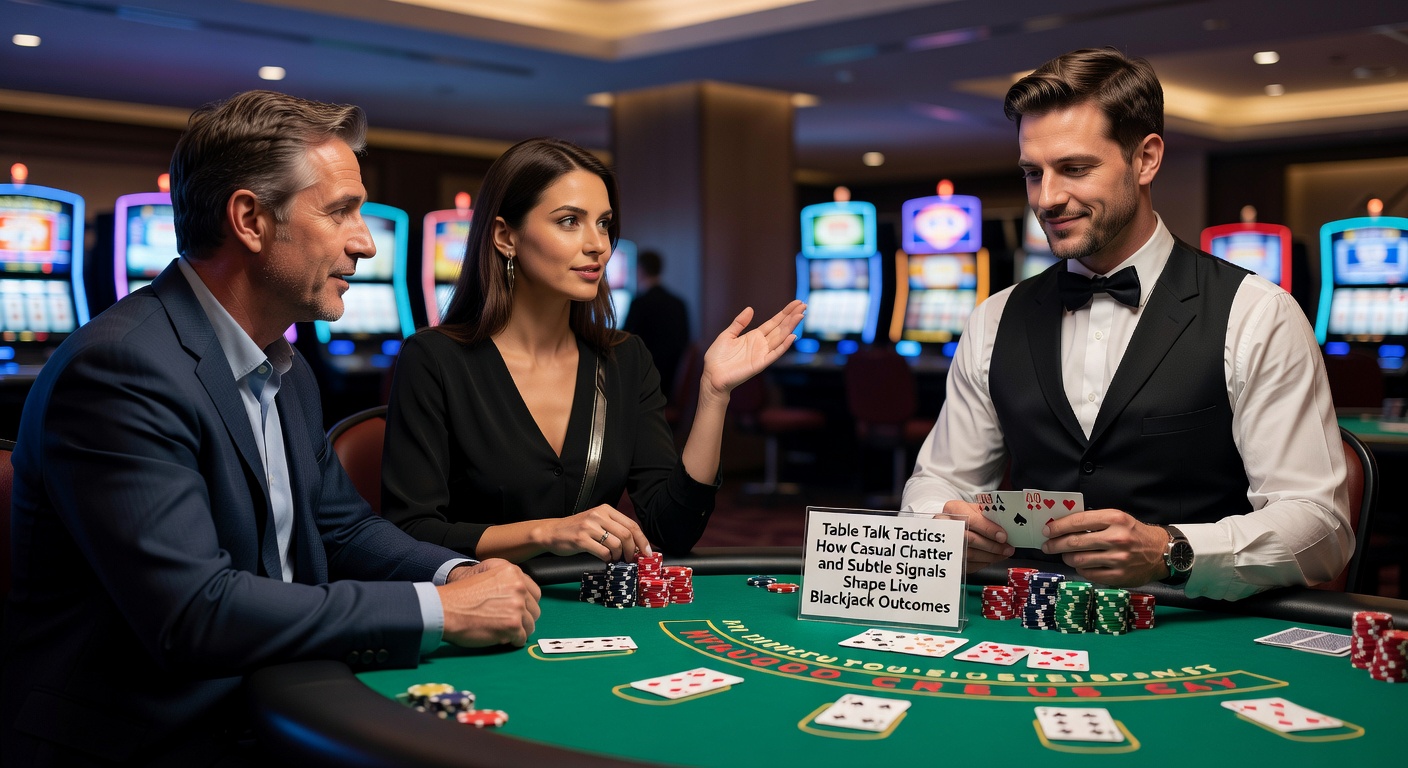 Players at a bustling live blackjack table, exchanging subtle glances amid stacks of chips and card shoes, capturing the intensity of unspoken strategies