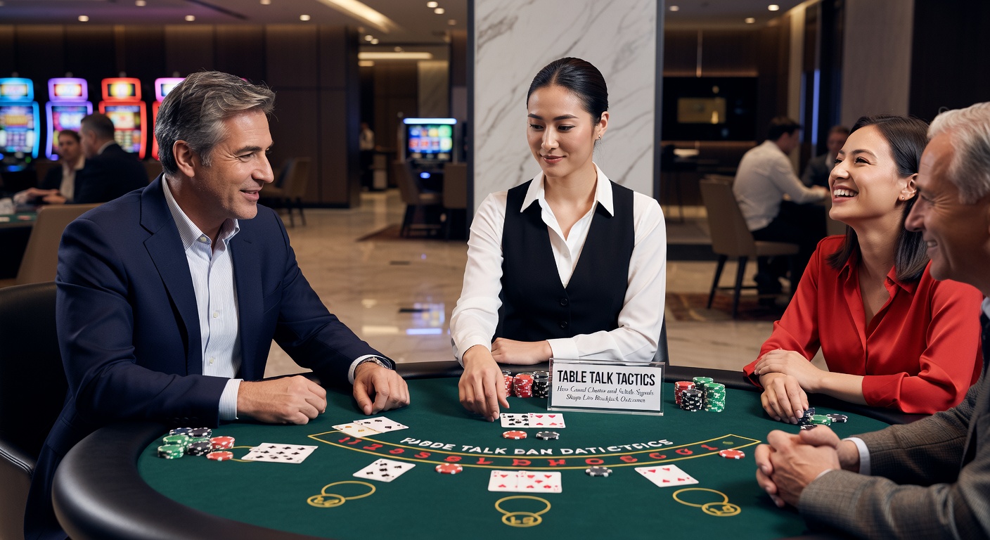 Close-up of a dealer's hands revealing a subtle edge on the hole card during a live blackjack hand, with players in the background watching intently