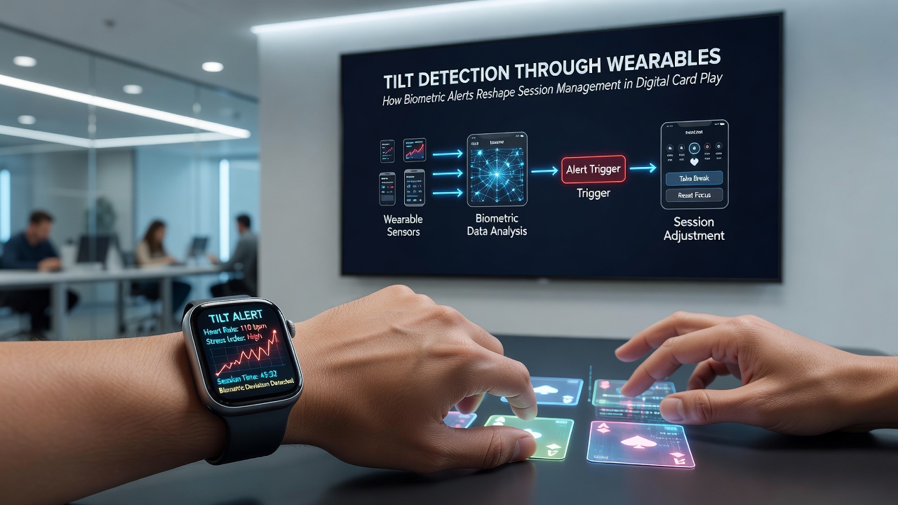 Player reviewing biometric alert on wearable during online card session