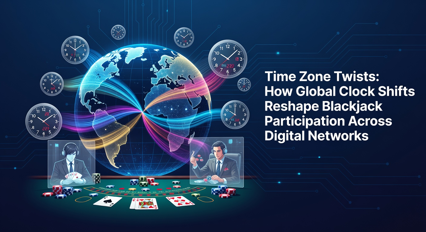 Global clock shifts influencing online blackjack networks with world map overlays and digital tables